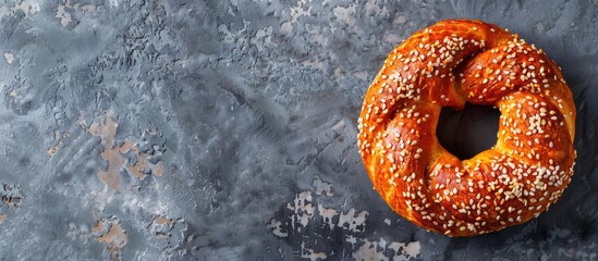 Aufkleber - Top view of a traditional Turkish Bagel Simit with sesame on a gray background providing ample copy space for text or images