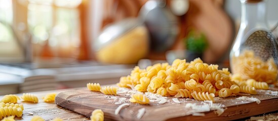 Aufkleber - Uncooked macaroni pasta on a wooden cutting board on a kitchen table with a selective focus on the image allowing for the addition of text or design known as a copy space image