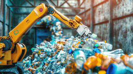 Wall Mural - A robotic arm sorting plastic bottles and containers on a recycling conveyor belt in a waste management facility.