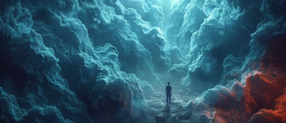 Wall Mural - A man is walking through a deep, dark, and mysterious cave