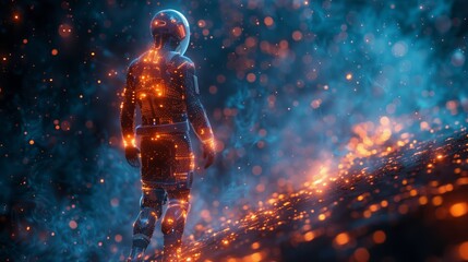 Poster - A digital rendering of a person wearing futuristic biosensors, illuminated by glowing lights, walking across a swirling, glowing landscape.