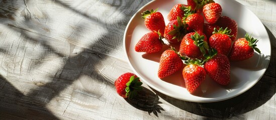 Aufkleber - Close up image of ripe fresh strawberries on a white plate with a long shadow featuring ample copy space for text or graphics