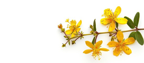 Kantarion a St Johnswort flower known as tutsan displayed on white background in a copy space image