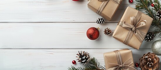 Poster - Top view of modern Christmas presents adorned with ornaments and cones on a white wooden background with copy space image for a cheerful and festive holiday display