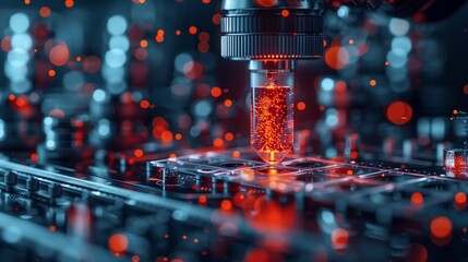 Poster - A robotic arm in a modern lab uses artificial intelligence to automate tasks by dispensing liquid into a test tube, showcasing efficiency.