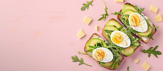 Aufkleber - Delicious sandwiches featuring avocado arugula boiled eggs and mozzarella cheese on fried toast displayed on a pink background with a perfect copy space image