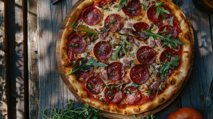 Canvas Print - Rustic pizza with salami pepperoni and cheese on outdoor table top view