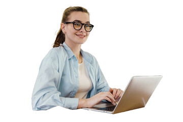 Wall Mural - A female secretary using a tablet, such a positive office person. Cut out
