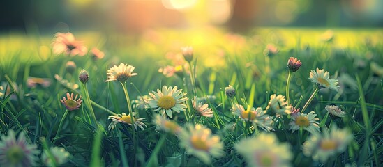 Leinwandbilder - Artistic retro edit of beautiful spring daisies in a green grass lawn with selective focus ideal for a copy space image