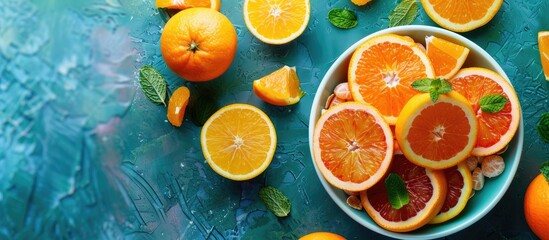 Aufkleber - Fresh oranges arranged on top of a bowl of cereals creating a colorful and appetizing display with copy space image