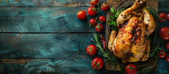 Poster - Organic whole broiler chicken on a rustic table background with copy space image
