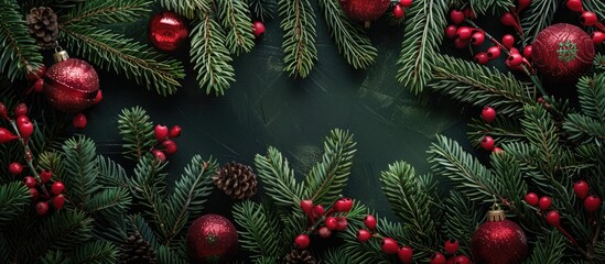 Poster - A festive arrangement with Christmas tree branches wreath and red ornaments creates a nature themed New Year concept in a flat lay style featuring copy space image