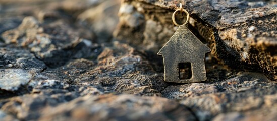 Aufkleber - House shaped pendant on a natural rock surface background with a copy space image for text representing concepts of real estate buying moving and renting property