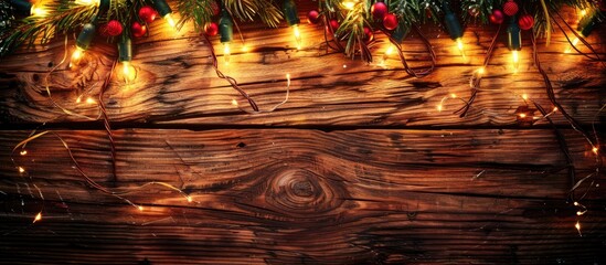 Poster - Wooden background adorned with festive Christmas lights adds warmth and cheer to the setting creating a cozy atmosphere in the copy space image