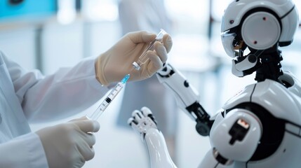Poster - A robot is holding a syringe and a person is holding a syringe