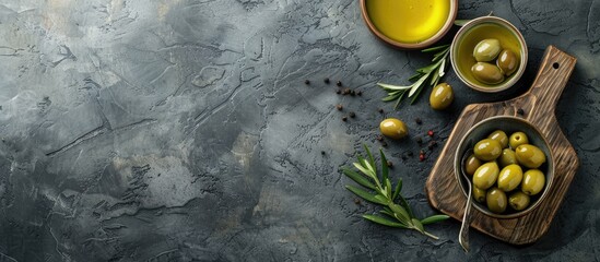 Aufkleber - Olives and olive oil in bowls displayed on a cutting board with a top down view suitable for adding text or images on the blank space. with copy space image. Place for adding text or design