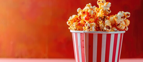 Poster - Colorful background showcases a paper bucket filled with delicious popcorn chicken and tomato sauce creating an appealing copy space image