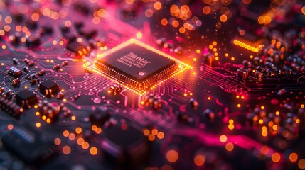 Poster - A close-up shot of a computer chip glowing with vibrant light, showcasing the intricate circuitry and the impact of nanotechnology on electronics.
