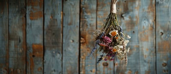 Aufkleber - Dried flower bouquet suspended on a rope against a wooden backdrop with copy space image