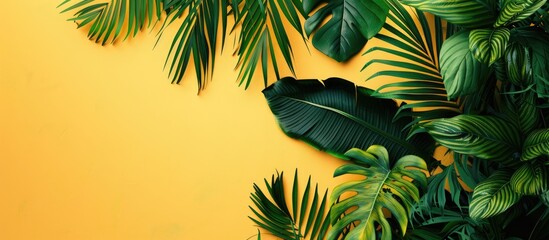 Leinwandbilder - Tropical foliage on yellow backdrop with copy space image