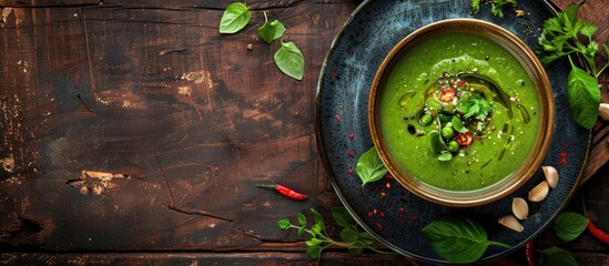 Wall Mural - Lunch with pea soup served against a rustic backdrop with plenty of copy space image available