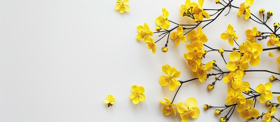 Aufkleber - Spring holiday concept featuring yellow flowers against a white backdrop suitable for a copy space image