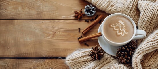 Aufkleber - Cozy autumn or winter scene with a cup of coffee soft blanket cinnamon pine cones on wooden backdrop Top view with ample copy space for an image