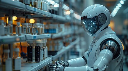 Poster - a futuristic robot with a white helmet and metallic arms monitors the inventory on store shelves, sh