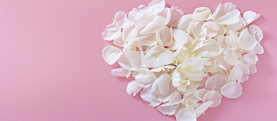Poster - Heart shaped peony petals in white placed on a pink background symbolize love in a flat lay top down view making it ideal for decoration wallpaper or posters with a copy space image