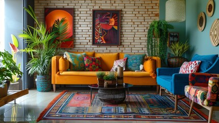 Eclectic living room with vibrant decor mismatched furniture unique artwork