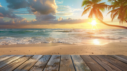 Wall Mural - Relaxation at Tropical Beach. Wooden Table with Sunset Beach View, Palm Trees, and Waves