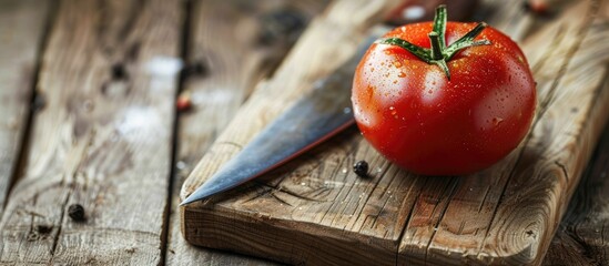 Aufkleber - A red tomato placed on a wooden cutting board next to a knife with the image offering space for copying