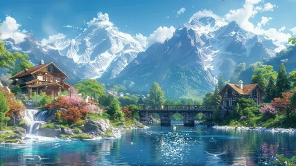 Wall Mural - animation lakeside village with snow-capped mountains and wooden houses generated with ai