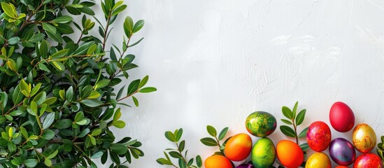 Poster - Floral arrangement with boxwood and colorful eggs suitable for an Easter card with space for text or images. with copy space image. Place for adding text or design