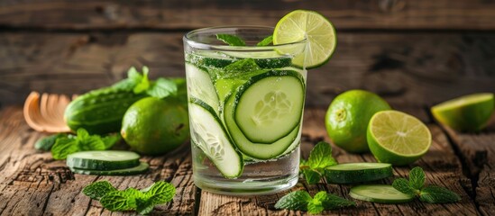 Poster - A refreshing detox water with cucumber lime and mint displayed on a wooden backdrop ideal for promoting a healthy diet and weight loss with copy space image available