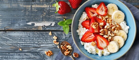 Aufkleber - Healthy cottage cheese topped with strawberries bananas and walnuts in a blue bowl viewed from the top with ample copy space image