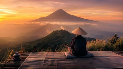 Person in traditional conical hat sitting on a mat, contemplating a mountain at sunset, serene concept