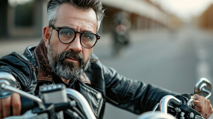 Wall Mural - Cool Man in Glasses and Leather Jacket Riding Motorcycle