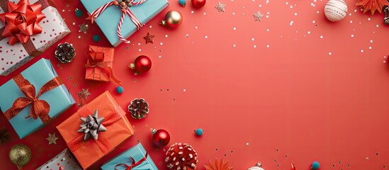 Poster - A festive holiday backdrop featuring colorful paper gift boxes and various decorations against a blank copy space image