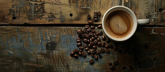 Aufkleber - A top view of a cup of coffee and coffee beans displayed on an antique kitchen table providing a copy space image for text