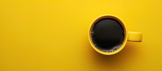 Leinwandbilder - Invigorating drink in a yellow mug filled with black coffee on a yellow background in a flat lay copy space image