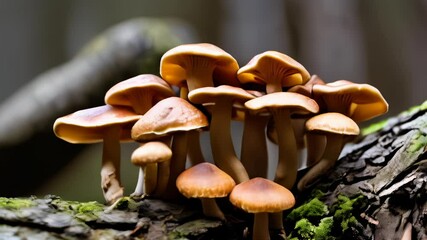 Poster -  Natures bounty  A cluster of mushrooms thriving on a mossy tree stump