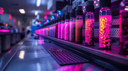Poster - a high-tech lab showcasing advanced imaging techniques, with rows of vials filled with colorful solu