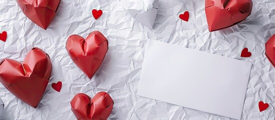 Poster - Valentine s cards displayed on a white crumpled paper background with an area for a written message ideal for creating a copy space image mock up