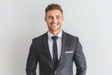 Portrait of handsome caucasian man in formal suit looking at camera smiling with toothy smile isolated in white background. Confident businessman ceo boss freelancer manager