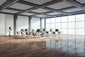 Wall Mural - Modern spacious concrete coworking office interior with wooden flooring, furniture, panoramic windows and daylight. 3D Rendering.