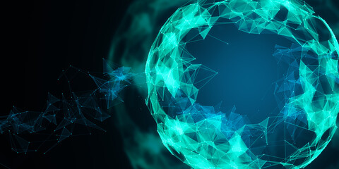 Abstract bright blue tech background with polygonal circle. Innovation and technology concept. 3D Rendering.