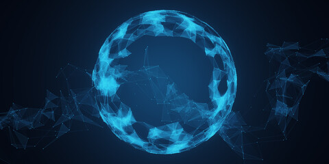 Poster - Creative bright blue tech background with polygonal circle. Innovation and technology concept. 3D Rendering.
