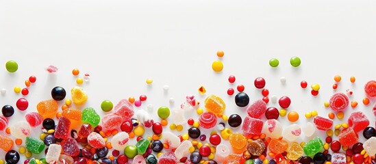 Aufkleber - A vibrant assortment of candies creates a border background with copy space image set against a white backdrop