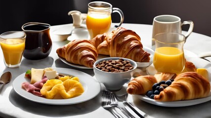 Poster -  Delicious breakfast spread with croissants fruit and coffee